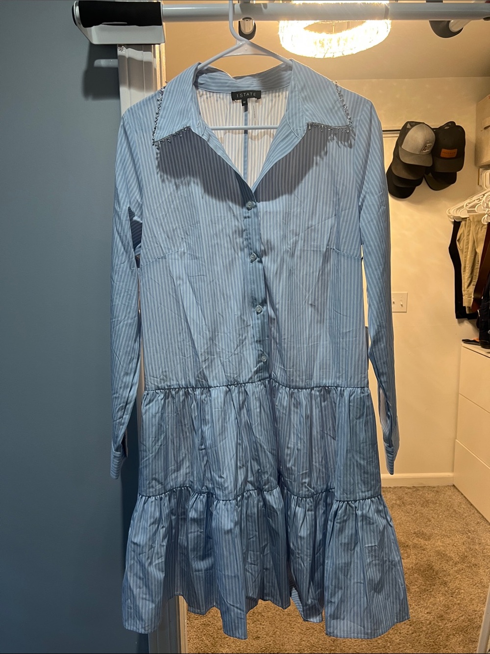 1. State Light Blue and White Striped Long-Sleeve Tiered Shirt Dress